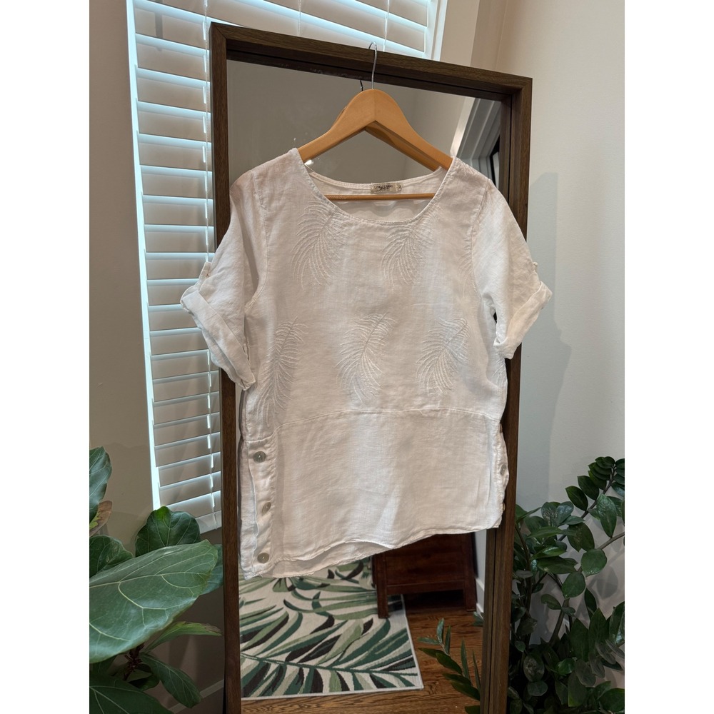 Lungo Larono Linen Palm Leaf Embroidered Button Side Top M Made in Italy resort
